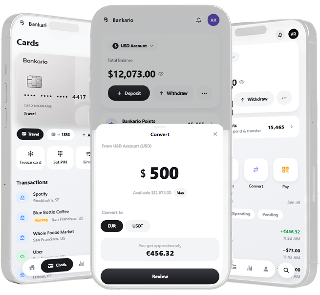 Bankario app screens — convert currencies, view balances and manage multi-currency accounts